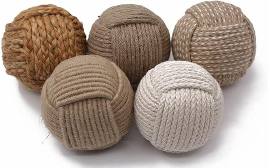 5pc Nautical Rope Balls – 2.5 Inch Each – Handmade Jute and Cotton Decorative Knots – for Rustic Tray Fillers, Wedding Centerpieces, Beach House or Living Room Decor Display