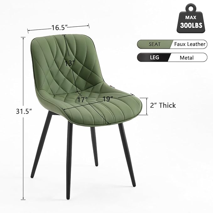 YOUNUOKE Dining Chairs Set of 2 Mid Century Modern Kitchen Chair Comfortable Upholstered Faux Leather Dinner Chairs for Kitchen Dining Room, Olive