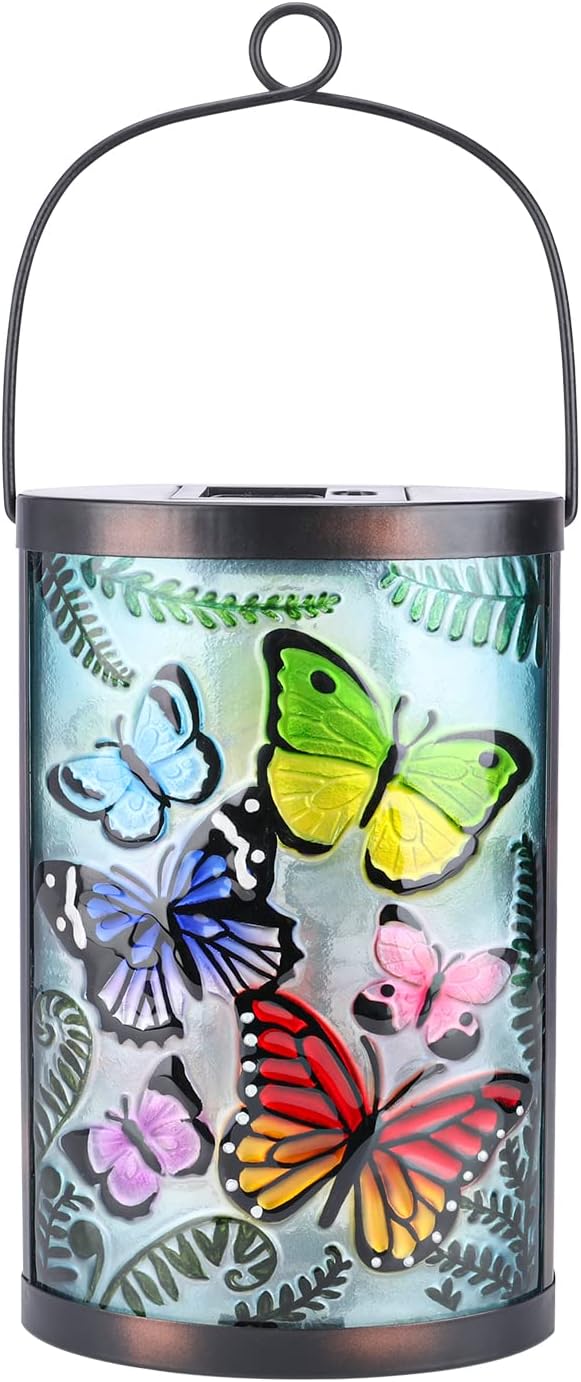 Afirst Hanging Solar Lantern - Decorative Outdoor Glass Solar Butterfly Lights Waterproof Led Tabletop Lamp for Garden Yard Patio Decor