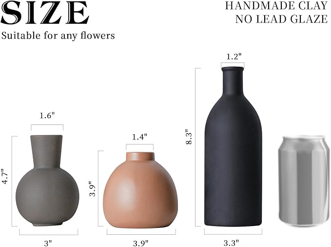 Ceramic Flower Vase Set of 3, Home Decor Vases for Centerpieces, Tulips Flowers Pampas Grass Decor, Boho Rustic Farmhouse Kitchen Bedroom Bathroom Living Room Office Wall Decor Aesthetic -Black