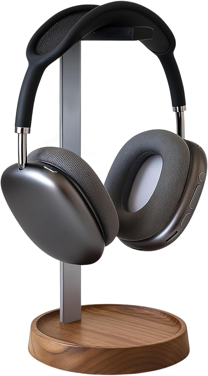 muso wood Walnut Headphone Stand, Universal Headset Stand with Storage Base, Wood Desktop Headphone Holder for Gaming Headset and Music Headset