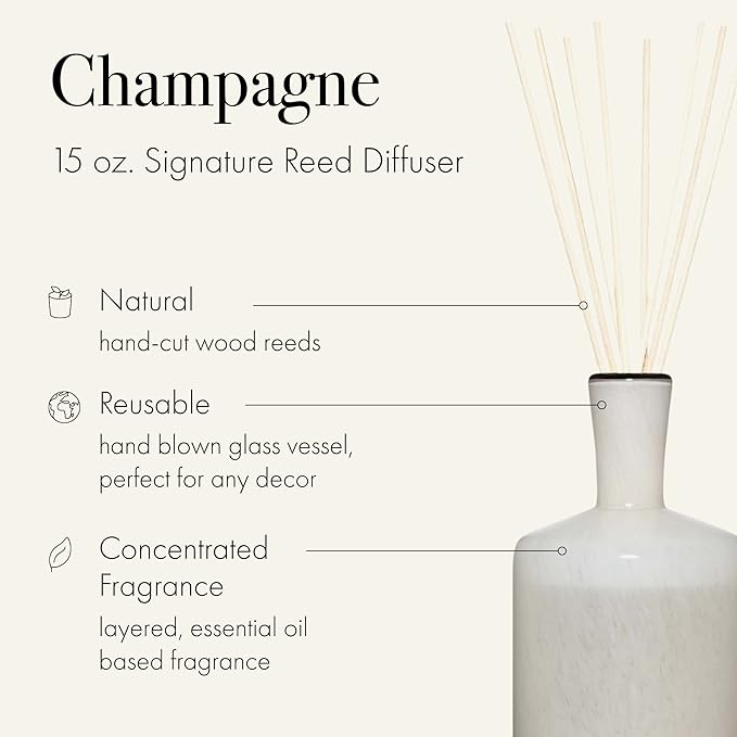 LAFCO New York Signature Reed Diffuser, Champagne - 15 oz - Up to 9 Months Fragrance Life - Reusable, Hand Blown Glass Vessel - Natural Wood Reeds - Made in The USA