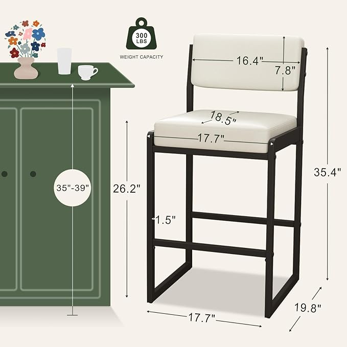 Mid Century Modern Counter Height Bar Stools Set of 3, 26" Bar Height Chairs with Backs, Upholstered Counter Stools, Metal Barstools for Kitchen Island (White- Faux Leather, 26"H - Set of 2)