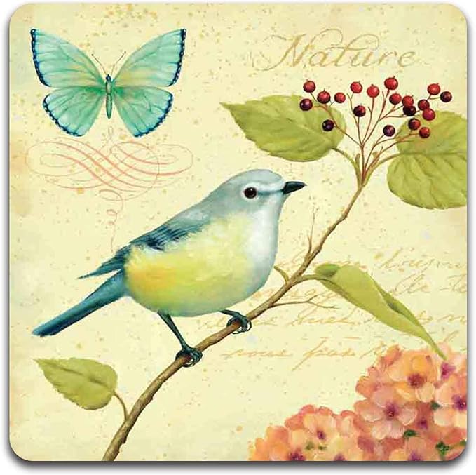 Bird and Butterfly Square Coaster Set - Made of Recycled Rubber - Set of 4