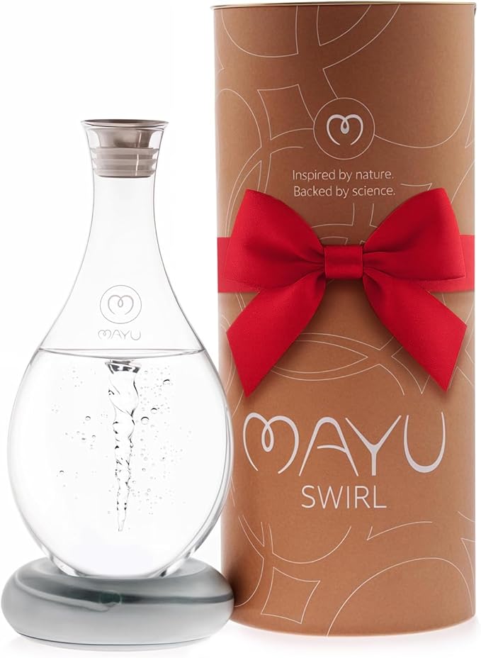 MAYU Swirl Structured Water Carafe - Innovative Vortex Technology Handblown Pitcher. Post Reverse Osmosis Filter Aerating Water Dispenser Stand 1.5 Liter| 51Oz Dining Glass Jug Design (Graystone Base)