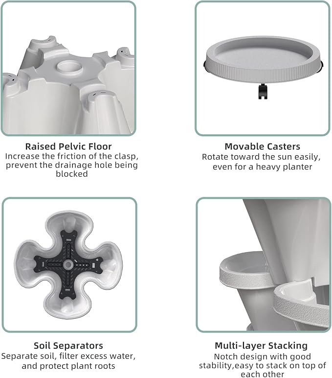 6 Tiered Strawberry Vertical Planters, Stacking Tower Garden with Support Pole, Stackable Herb Vegetable Planters Indoor and Outdoor - White