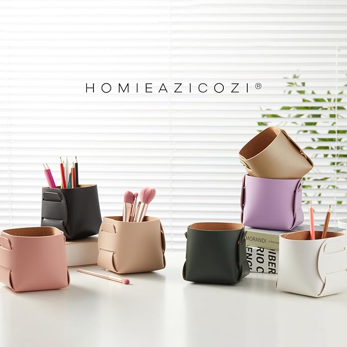 HOMIEAZICOZI 2-Pack Cork Leather Desk Accessories Storage - Pencil Pen Holder - Makeup Brush Holder Organizer - Stylish Addition to Home Decor (Purple)