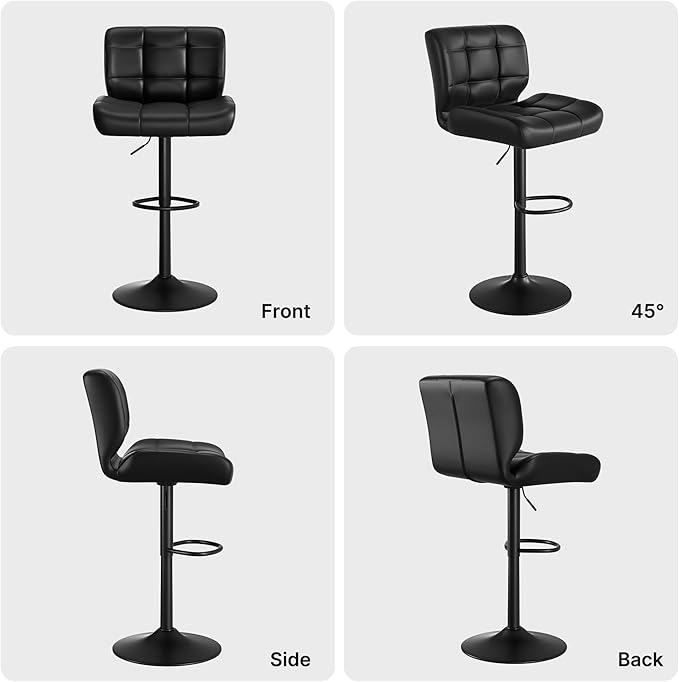 Modern Bar Stools Set of 3, Faux Leather Upholstered Swivel Bar Stools, Adjustable Counter Height Bar Chairs with High Back and Footrest for Kitchen Island (Black)