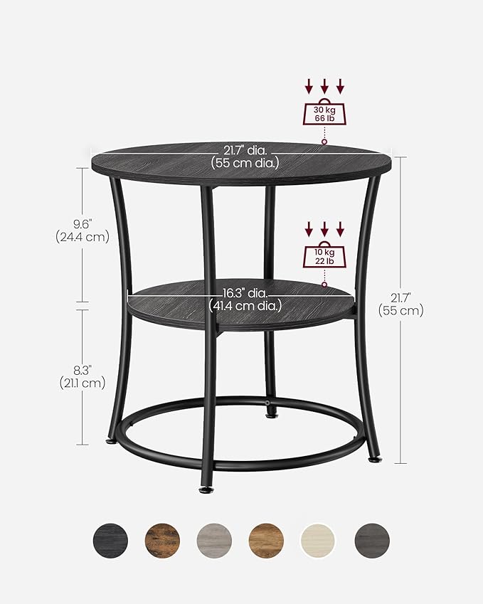 VASAGLE Side Table, 2-Tier Round End Table, Nightstand with Steel Frame for Small Spaces, Living Room, Bedroom, Charcoal Gray and Ink Black