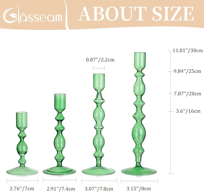 Glasseam Green Glass Candle Holder: Tapered Candlestick Holders Set of 4 Modern Candle Stick Holders for Taper Candlesticks Tall Decorative Candle Holders for Centerpiece Dining Table Christmas Party
