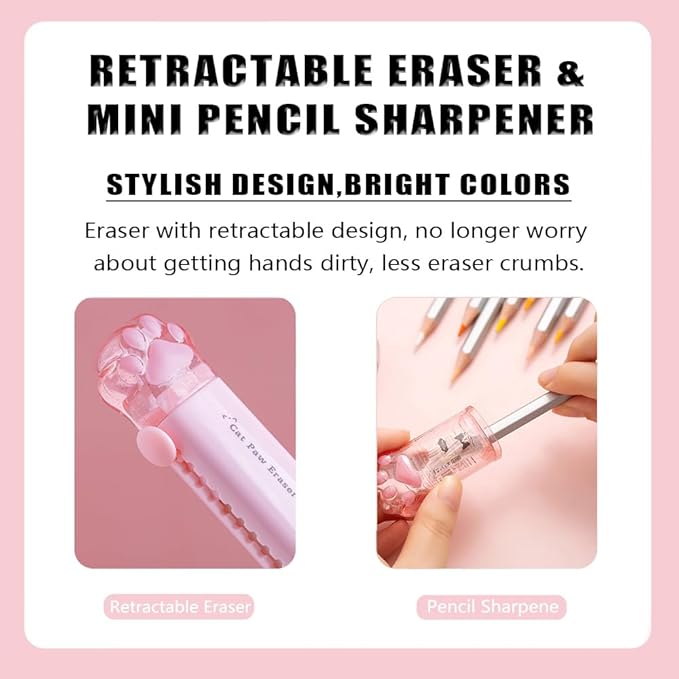 Cute Pink School Supplies, Kawaii Stationary Set, Japanese Stationery Birthday GIFS, Includes Pencil Sharpener,Eraser, Correction Tape, Ruler, Mini Scissors,Utility Knife, for Office Supplies