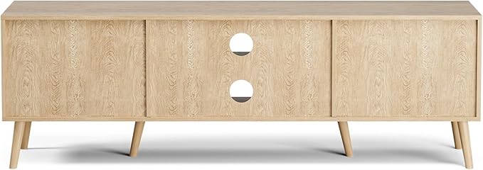 TV Stand for TVs up to 65'', Entertainment Center With Rattan Door, Shelves & 2 Cabinets, Long Boho Media Console for Living Room, Natural