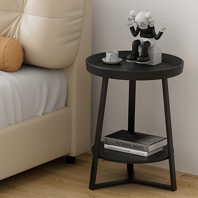 Gadroad Round End Table with Storage Shelf, 2 Tier Farmhouse Side Table Nightstand for Living Room, Bedroom, Wood Tabletop & Black Metal Frame, Black 15.7 * 15.7 * 23.0inches