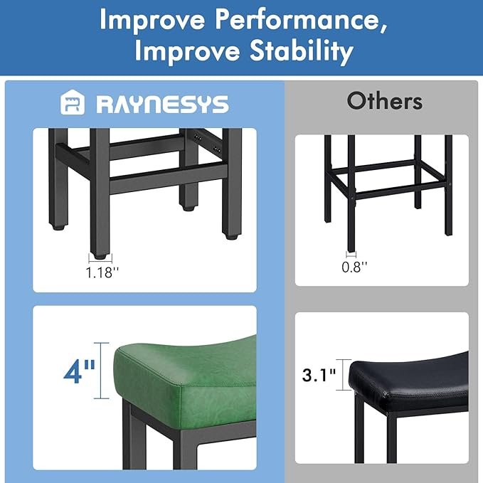 Counter Height Bar Stools Set of 3, 24 Inch Barstools for Kitchen Island Counter, Faux Leather Kitchen Stools with Saddle Seats & Metal Base, Easy Assembly, Forest Green