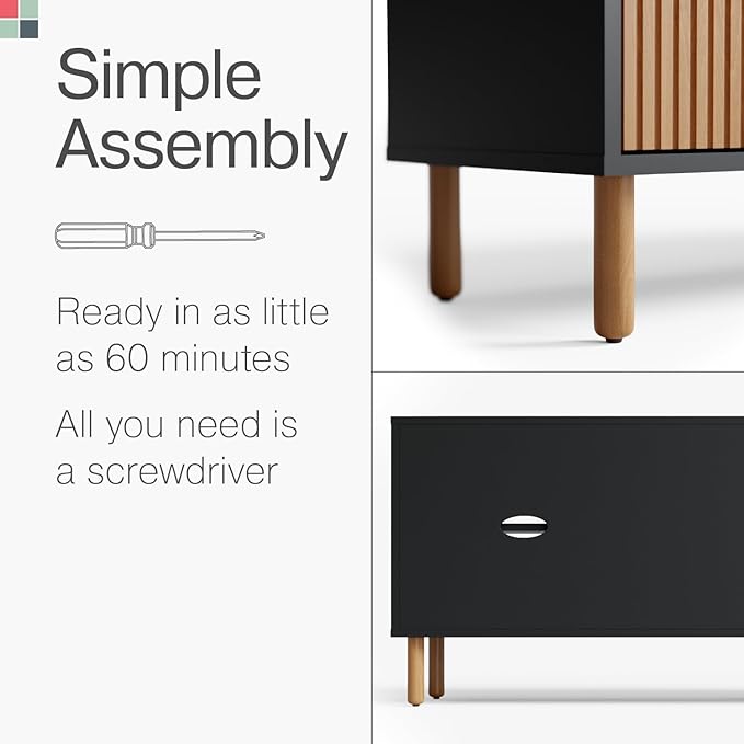 Modern Fluted TV Stand & Media Console - 70-Inch, Fluted Black & Oak - Entertainment Center for 32-80-Inch Screens with Soft-Close Doors & Cord Management