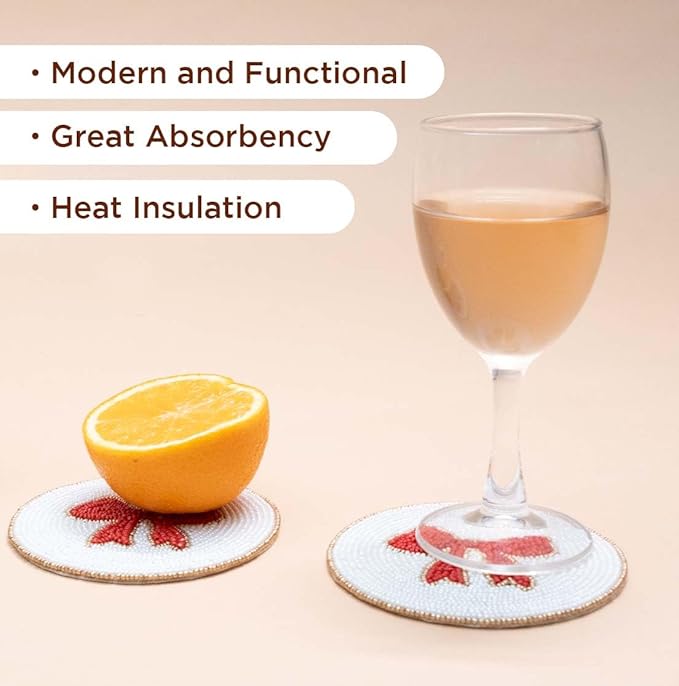 Folkulture Beaded Coasters for Drinks | Set of 4 (4") Round Decorative Bar Coasters for Table Décorations or Coffee Table | Cute Boho Coaster Gifts for her Set of 4