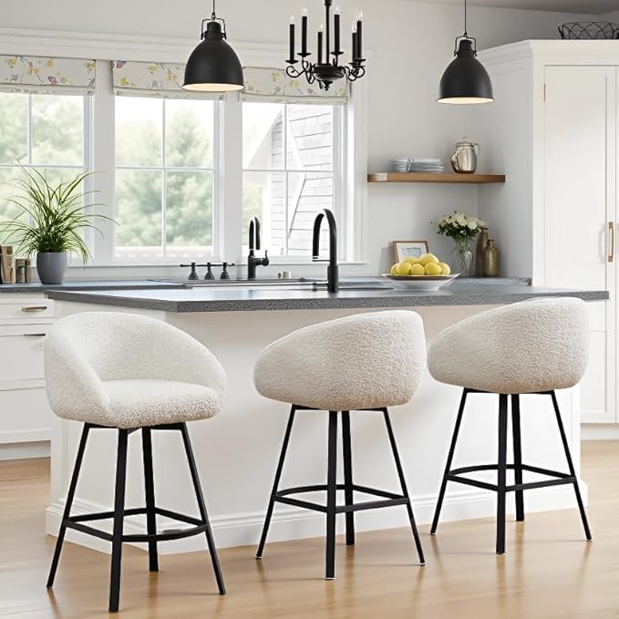 Zesthouse Swivel Counter Height Stool, Modern Single Bar Stool for Kitchen Island, 26'' White Sherpa Kitchen Counter Height Chair with Barrel Arms & Back, Upholstered Fabric Bar Chairs with Metal Legs