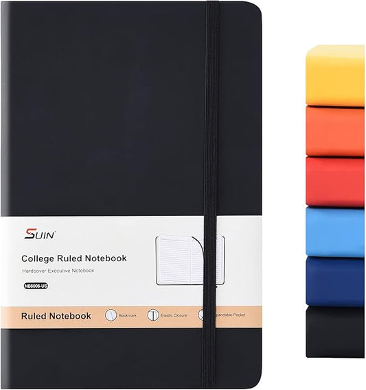 SUIN Hardcover-Journal-Notebooks, A5 Lined Journals Notebook for Writing 200 Pages, 8.2 x 5.5 inch, Classic Ruled Notebooks for Work/Travel/College (Black- 1 Pack)