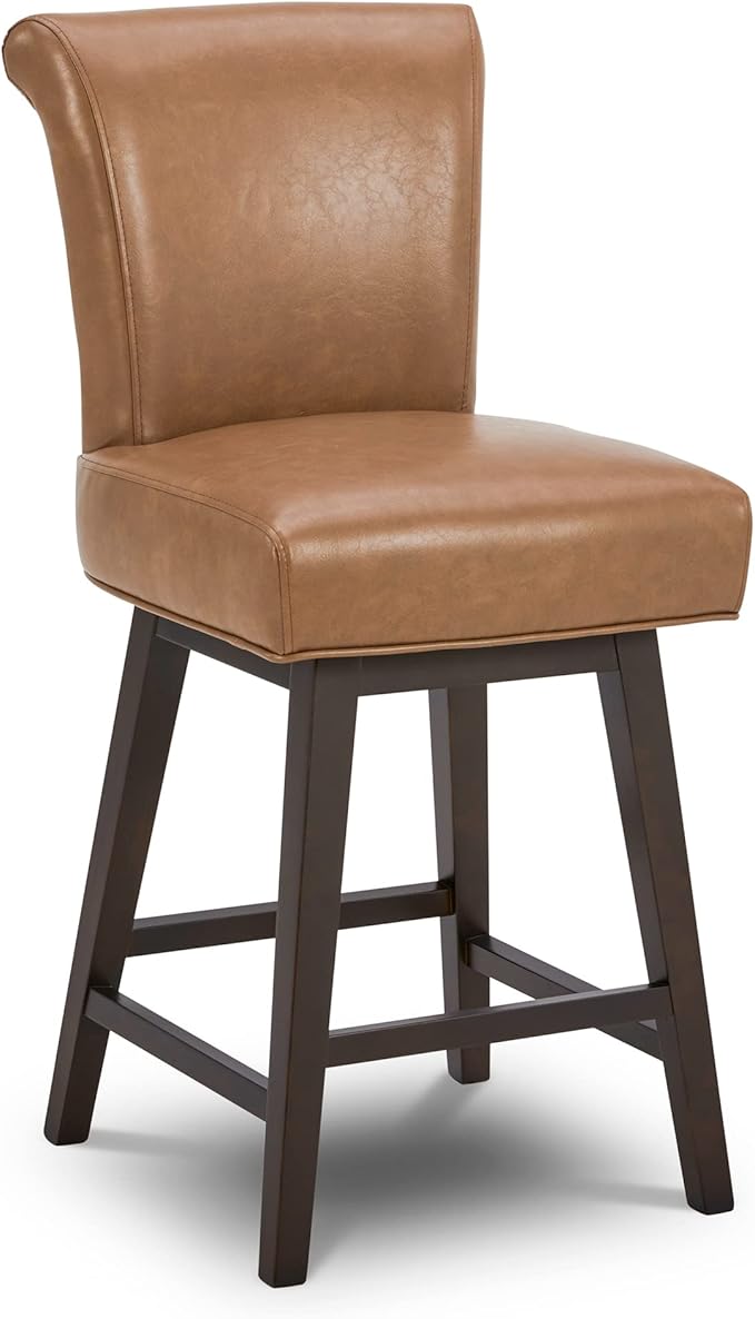 CHITA 26 Inch Counter Height Swivel Bar Stool, FSC Certified Modern Upholstered Faux Leather Swivel Barstool Chair with Back,Saddle Brown