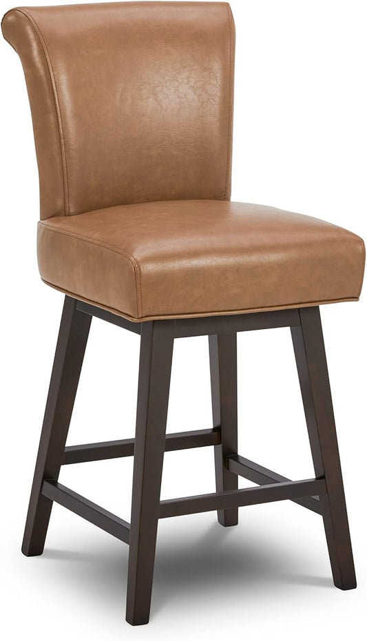 CHITA 26 Inch Counter Height Swivel Bar Stool, FSC Certified Modern Upholstered Faux Leather Swivel Barstool Chair with Back,Saddle Brown