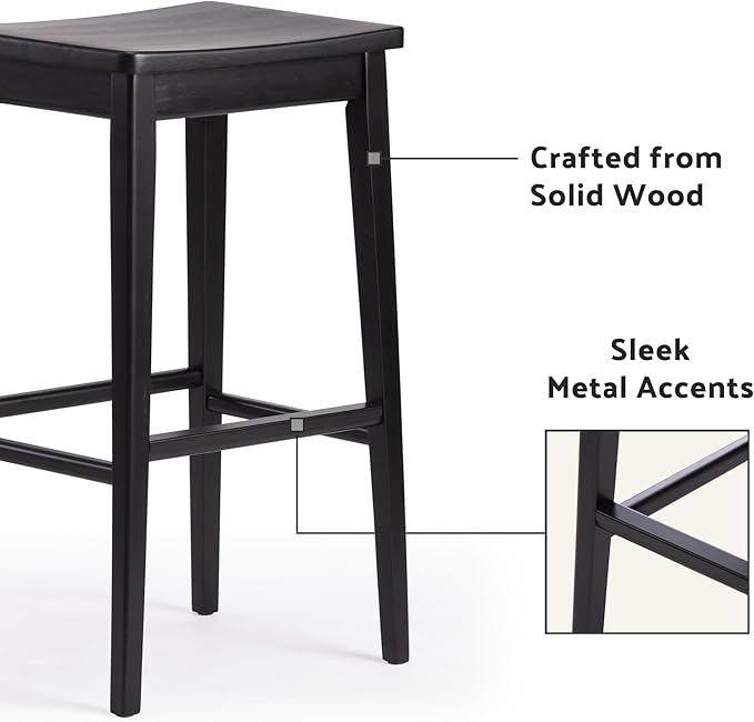 Plank+Beam Smythe Bar Stool, 30", Set of 2, Sturdy Wood Modern Kitchen Bar Height Stool, Saddle Seat Backless Counter Chair, Metal Footrest, Black