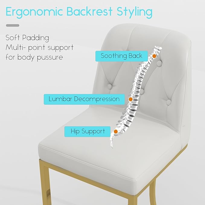 24" Counter Height Bar Stools Set of 4, White Counter Stools with Back and Gold Metal Frame, Modern Luxury Barstools with Footrest, Upholstered PU Leather Bar Chairs for Kitchen Island