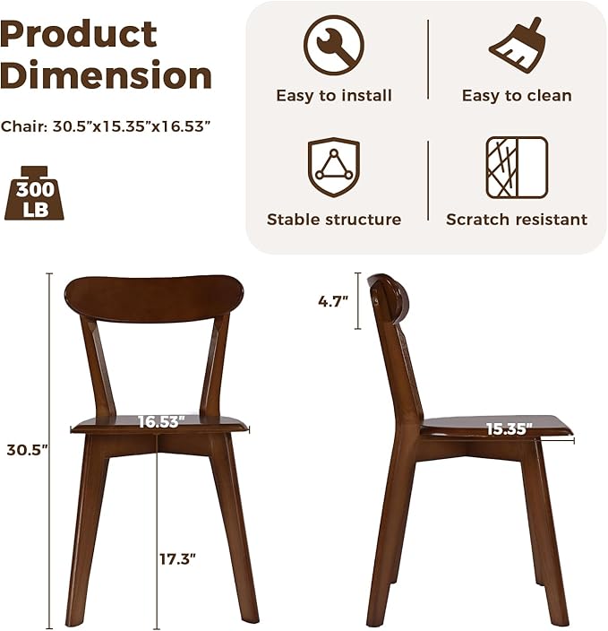DELAVIN Soild Wood Dining Chairs Set of 6, Mid Century Oak Wood Kitchen Chairs, Vintage Dining Room Chairs Set Suitable for Kitchen, Walnut