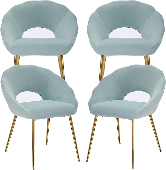 Modern Small Accent Chair Set of 4, Comfy Velvet Vanity Chair with Shell Back & Golden Metal Legs, Decorative Dining Chair no Wheels for Living Room, Makeup Room, Bedroom, Green