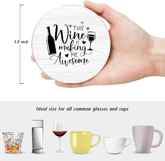 Britimes Coaster for Drinks Set of 6, Inspirational Motivational Phrase Absorbent Round Ceramic Stone Mat, with Cork Base and Metal Holder, Gift for Housewarming Room Bar Decor