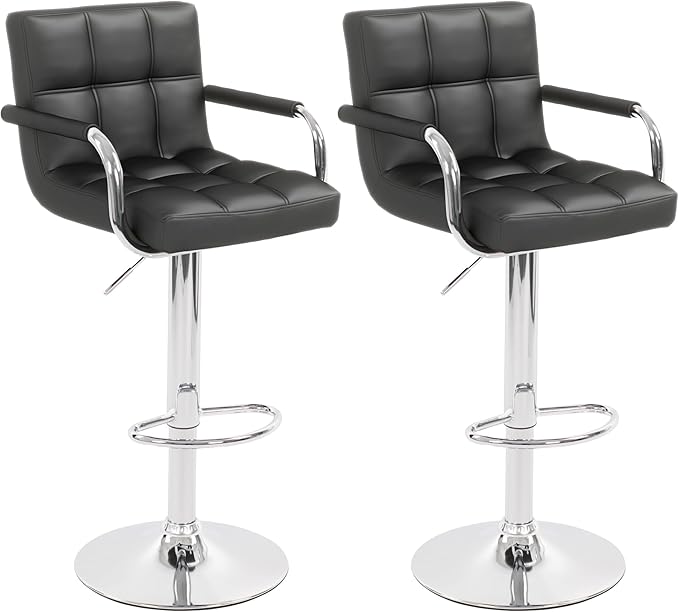 Modern PU Leather Bar Stools Set of 2, Adjustable Swivel Square Bar Chairs, Counter Height Barstools with Arms and Large Base for Island/Kitchen(Black)