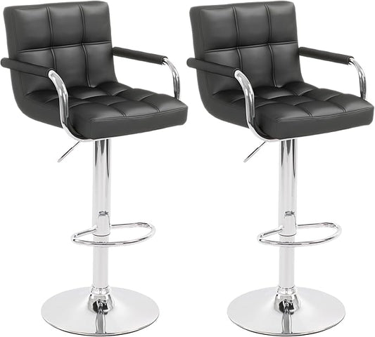 Modern PU Leather Bar Stools Set of 2, Adjustable Swivel Square Bar Chairs, Counter Height Barstools with Arms and Large Base for Island/Kitchen(Black)