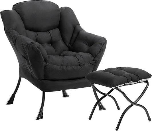 HollyHOME Lazy Chair with Foldable Ottoman,Accent Comfy Lounge Arm Chair and Folding Footrest Stool Set,Leisure Sofa Reading Chair and Footstool for Living Room,Bedroom, Dorm,Peachskin Fabric Black