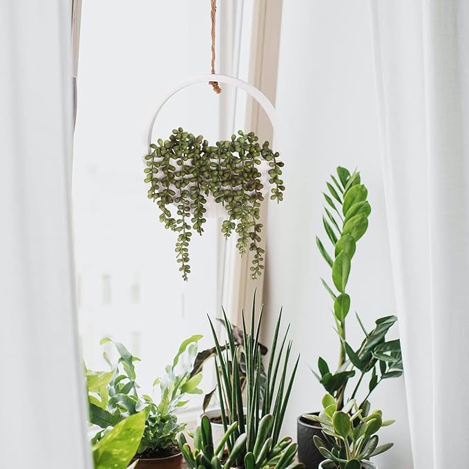 Floweroyal Artificial Succulents Hanging Plants 12.2'' Fake String of Pearls in Pot with 8.3'' Lanyard for Indoor Outdoor Wall Decor.