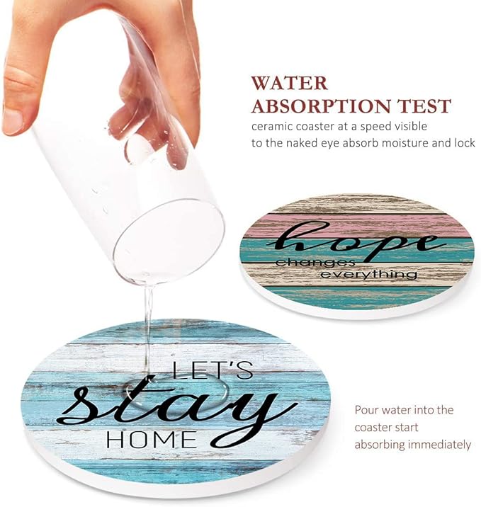 Britimes Coaster for Drinks Set of 6, Wooden Planks Wood Paint Table Absorbent Round Ceramic Stone Mat, with Cork Base and Metal Holder, Gift for Housewarming Room Bar Decor