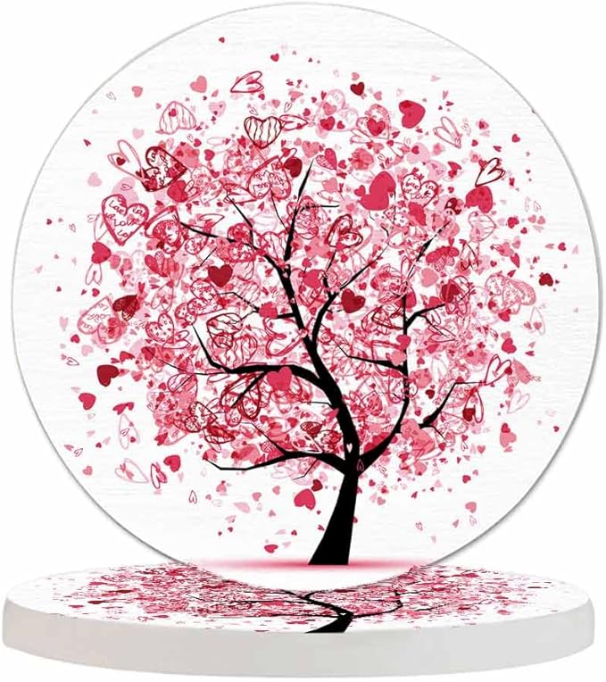 Valentine Tree with Hearts Drink Coasters Modern Wedding Branch Leaf Art Love Symbol Pink Tree Housewarming Presentss for New Home Present for Friends,2 Pcs,4 X 4 X 0.35 Inches