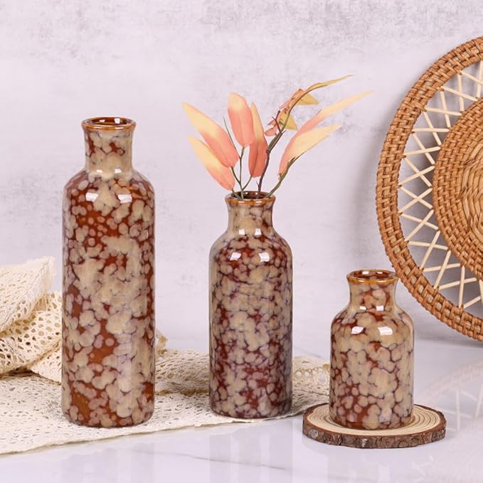 Ceramic Vase Set of 3, Modern Home Decor Distressed Rift Ceramic Small vase for Country Home Decoration, Living Room Decor, Table Decor, and Entrance Decoration(Vase-B)