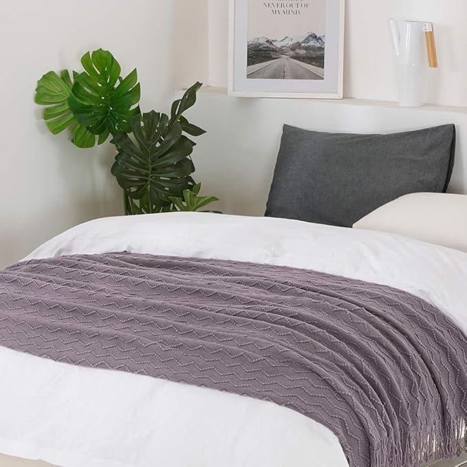 BOURINA Dark Lavender Throw Blanket 50x60 Inches Throw Textured Solid Soft Sofa Couch Decorative Knitted Blanket