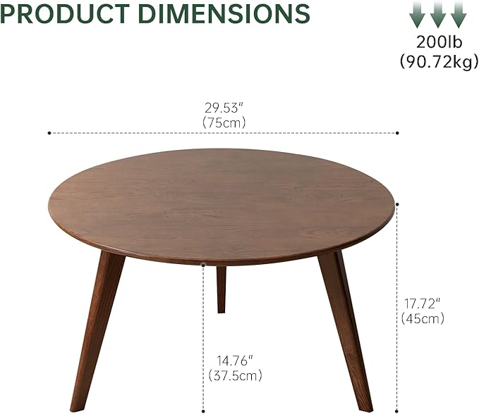 100% Solid Oak Wood Mini Coffee Table, Round Side Table w/Solid Wood Legs, Walnut Mid Century Coffee Table w/Sturdy Frame for Bedroom Balcony Living Room (29.53" D x 17.72" H)