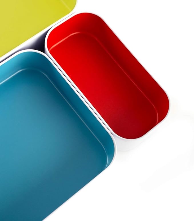 Three by Three Seattle 5 Piece Metal Organizer Tray Set for Storing Makeup, Stationery, Utensils, and More in Office Desk, Kitchen and Bathroom Drawers (2 Inch, Assorted Colors)