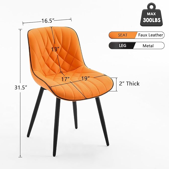 YOUNUOKE Dining Chairs Set of 2 Mid Century Modern Kitchen Chair Comfortable Upholstered Faux Leather Dinner Chairs for Kitchen Dining Room, Orange