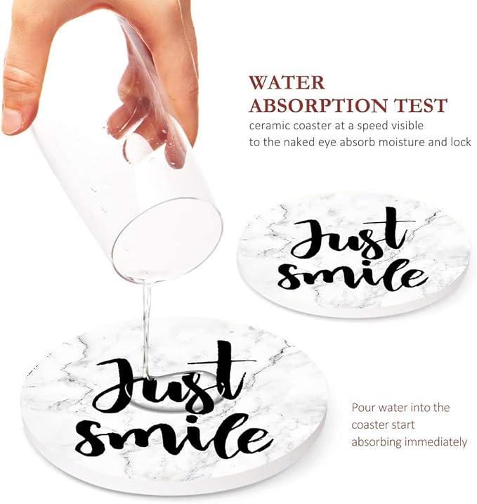 Britimes Coaster for Drinks Set of 6, Marble What You Love Inspirational Absorbent Round Ceramic Stone Mat, with Cork Base and Metal Holder, Gift for Housewarming Room Bar Decor