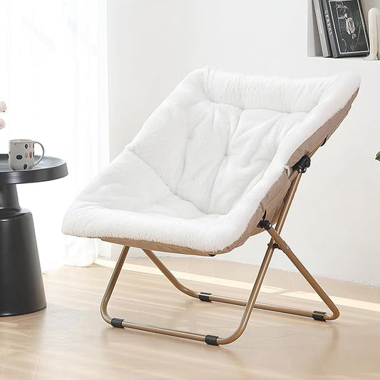 Saucer Chair, Comfy Bedroom Chairs, Oversized Folding Faux Fur Chair, Foldable Metal Frame Chair for Bedroom, Study, Playroom (White)
