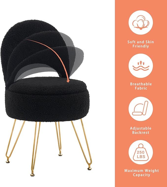 Storage Ottoman Vanity Stool Chair with Folding Back Teddy Velvet Makeup Chair Multifunctional Upholstered Footstool for Bathroom Vanity Bedroom Living Room Entryway