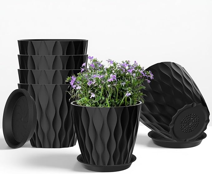 6 Pack 7 Inch Plant Pots with Drainage and Saucers, Black Plastic Flower Pots for Indoor and Outdoor Plants, Stackable Nursery Planters for Houseplants and Herbs, Black