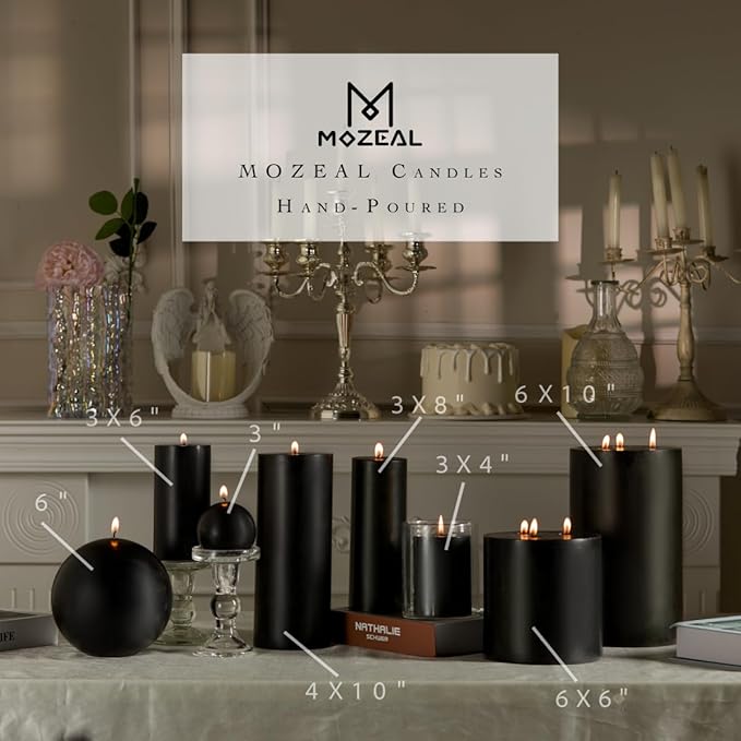 MOZEAL Hand-Poured, 6 Inch Black Large Round Ball Candles - Elegant Black Round Pillar Candles, Dripless, Unscented, Smokeless, Ideal for Halloween Decor.