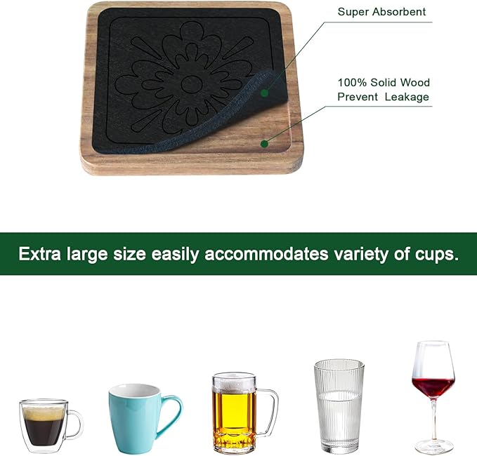 Square Coasters for Drinks, Absorbent Coaster Sets of 5, Wood Drinks Coasters for Coffee Tabletop Protection, Non-Slip, Non-Stick, Suitable for Kinds of Cups Wooden Table Drink, 4.1 Inches Black