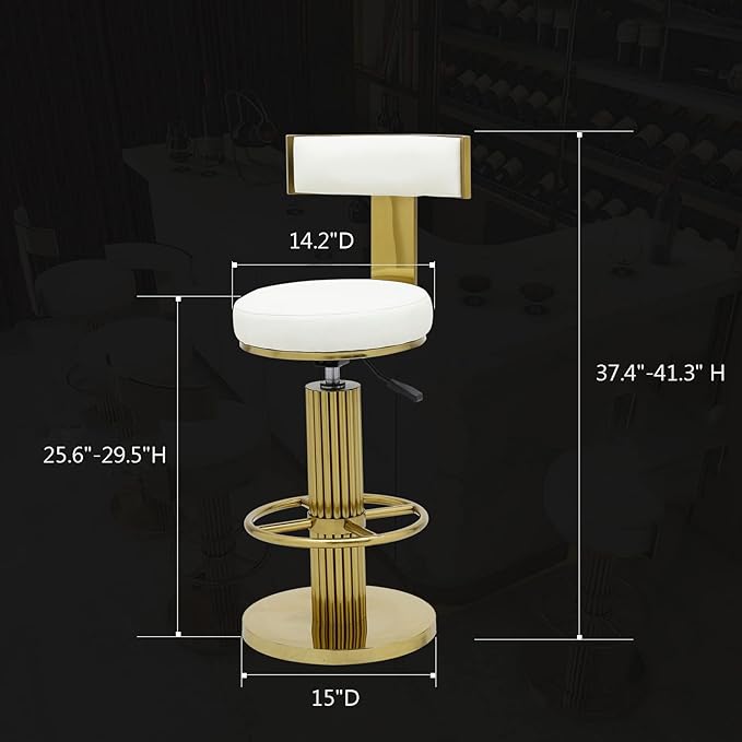 FUNROLUX Counter Height Bar Stools with Back, Modern Adjustable Height Barstools Swivel Bar Chairs with Polished Gold Stainless Steel Legs and Comfortable Cushion for Kitchen Island Counter (White)