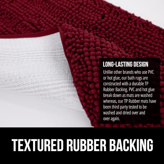 GORILLA GRIP Bath Rug Mat 60x24, Soft Absorbent Chenille, Quick Dry Microfiber Mats, Rubber Backing Washable Shower Floor Rugs, Bathmat Runner, US Designed Bathroom Home Decor Accessories Burgundy