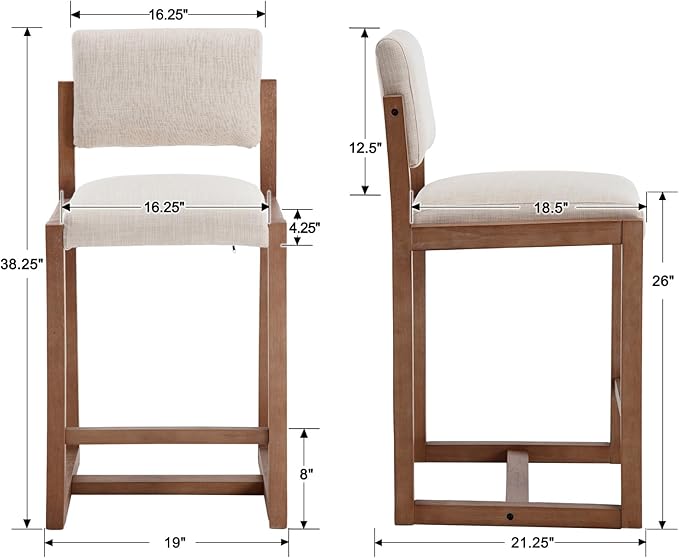 Mid-Century Bar Stools Set of 2, 26 Inch Modern Counter Stools Linen Fabric Bar Chairs with Backrest Wooden Frame for Kitchen Island Dining Room, Beige