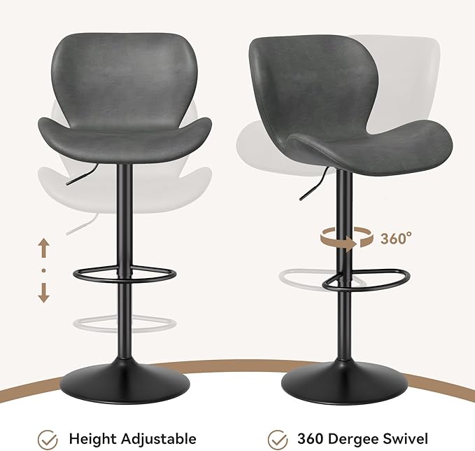 Nalupatio Swivel Bar Stools Set of 4,PU Leather Upholstered Barstools with Back & Footrest, Seat Adjustable Height 22.2-31IN Counter Height Bar Chairs for Bar Kitchen Island,Dark Grey